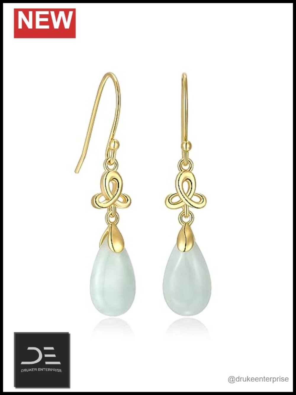 Genuine Jade Drop Earrings Sterling Silver 18K Gold Plated Celtic Knot
